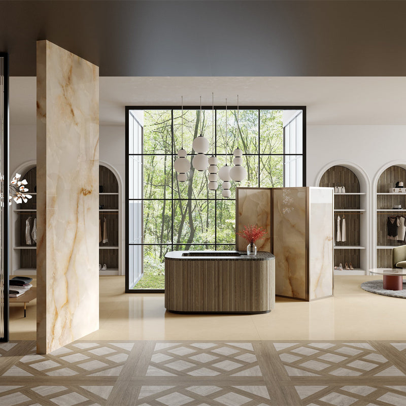 9mm 48x108 Pearl Onyx Oro Porcelain Glazed Polished Slab Final Sale (1200x2700mm)